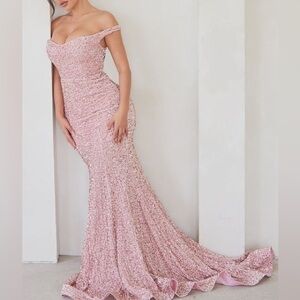 Fashion Nova Alora Pink Sequin Velvet Gown